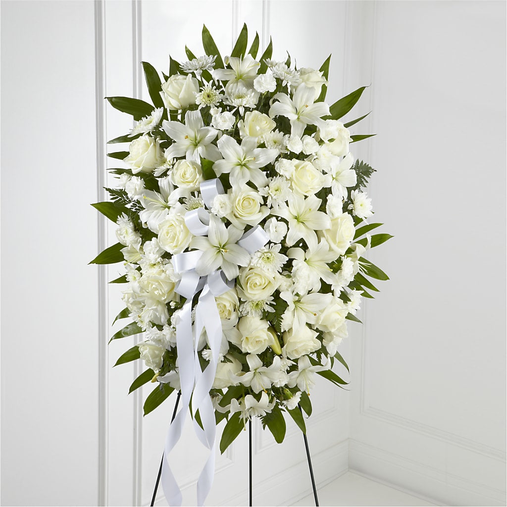 Exquisite Tribute Standing Spray-White Ribbon – Lansing Gardens, Lansing MI